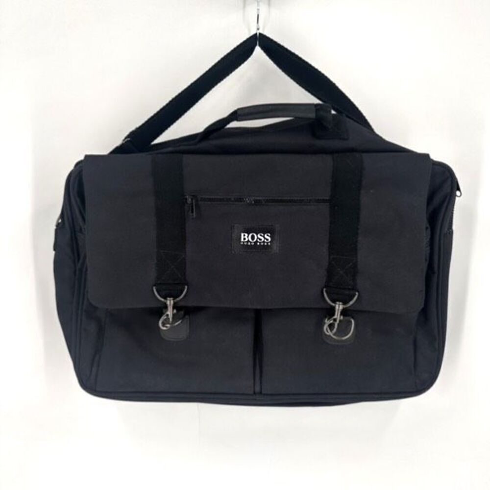 Hugo Boss Men’s Canvas Adjustable Strap Pockets Messenger Laptop Bag Black Large